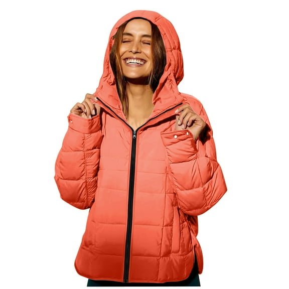 ZQUUVOU Women's Hooded Puffer Jacket Cotton Solid Color Oversized Quilted Hoodies Long Sleeve Lightweight Warm Tops Coat Orange