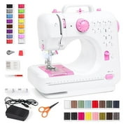 Compact Sewing Machine, 42-Piece Beginners Kit, Multifunctional Portable 6V Beginner Sewing Machine w/ 12 Stitch Patterns, Light, Foot Pedal, Storage Drawer - Pink/White