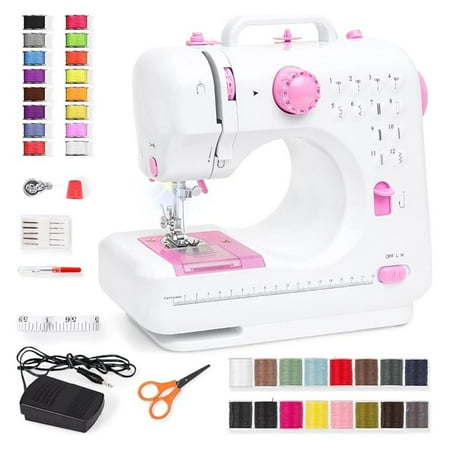 Compact Sewing Machine, 42-Piece Beginners Kit, Multifunctional Portable 6V Beginner Sewing Machine w/ 12 Stitch Patterns, Light, Foot Pedal, Storage Drawer - Pink/White