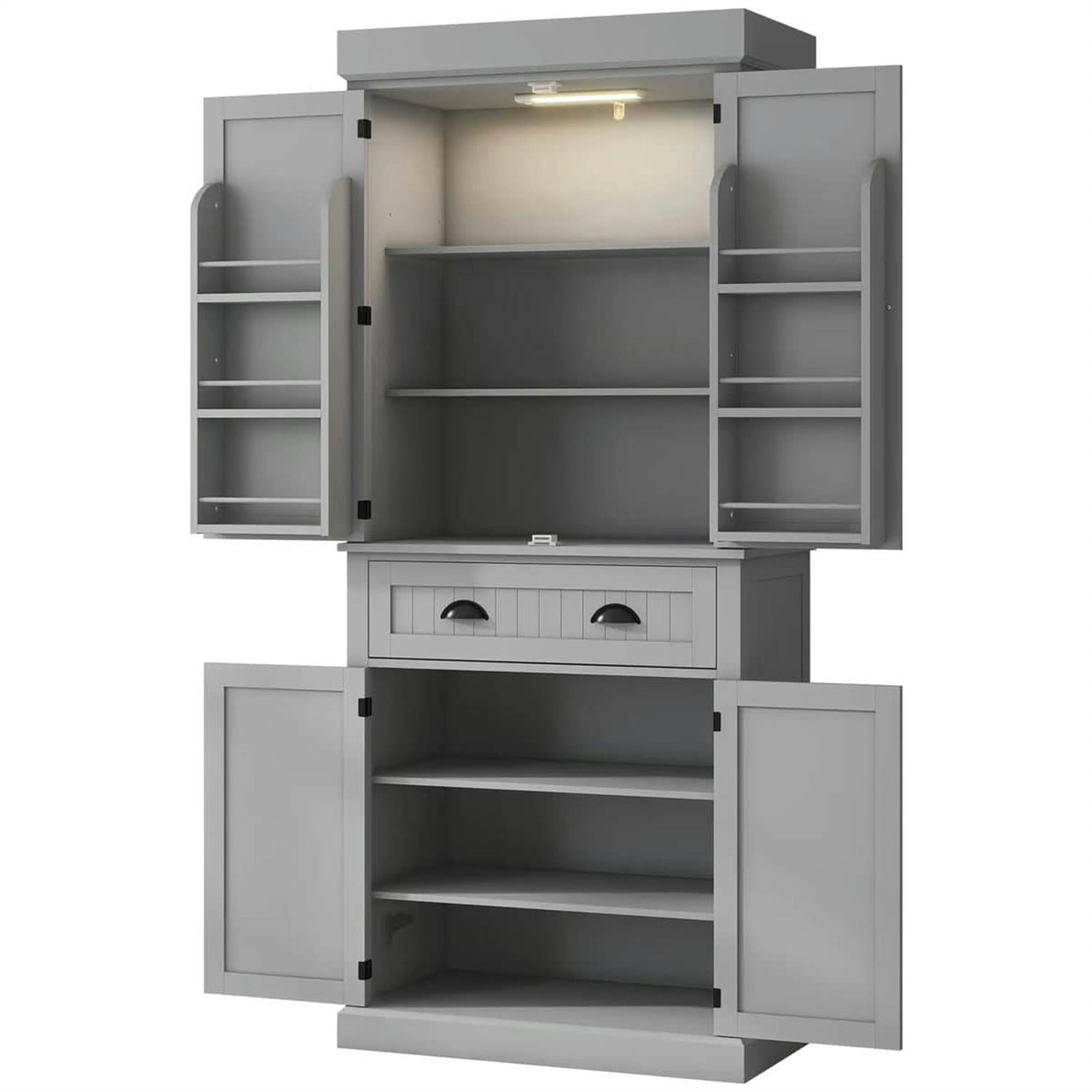 Demi Bonn 71" Large Kitchen Pantry Cabinet with LED Lights, 6 Sliding Shelves, Drawer & 4 Adjustable Shelves for Kitchen Organization, Gray