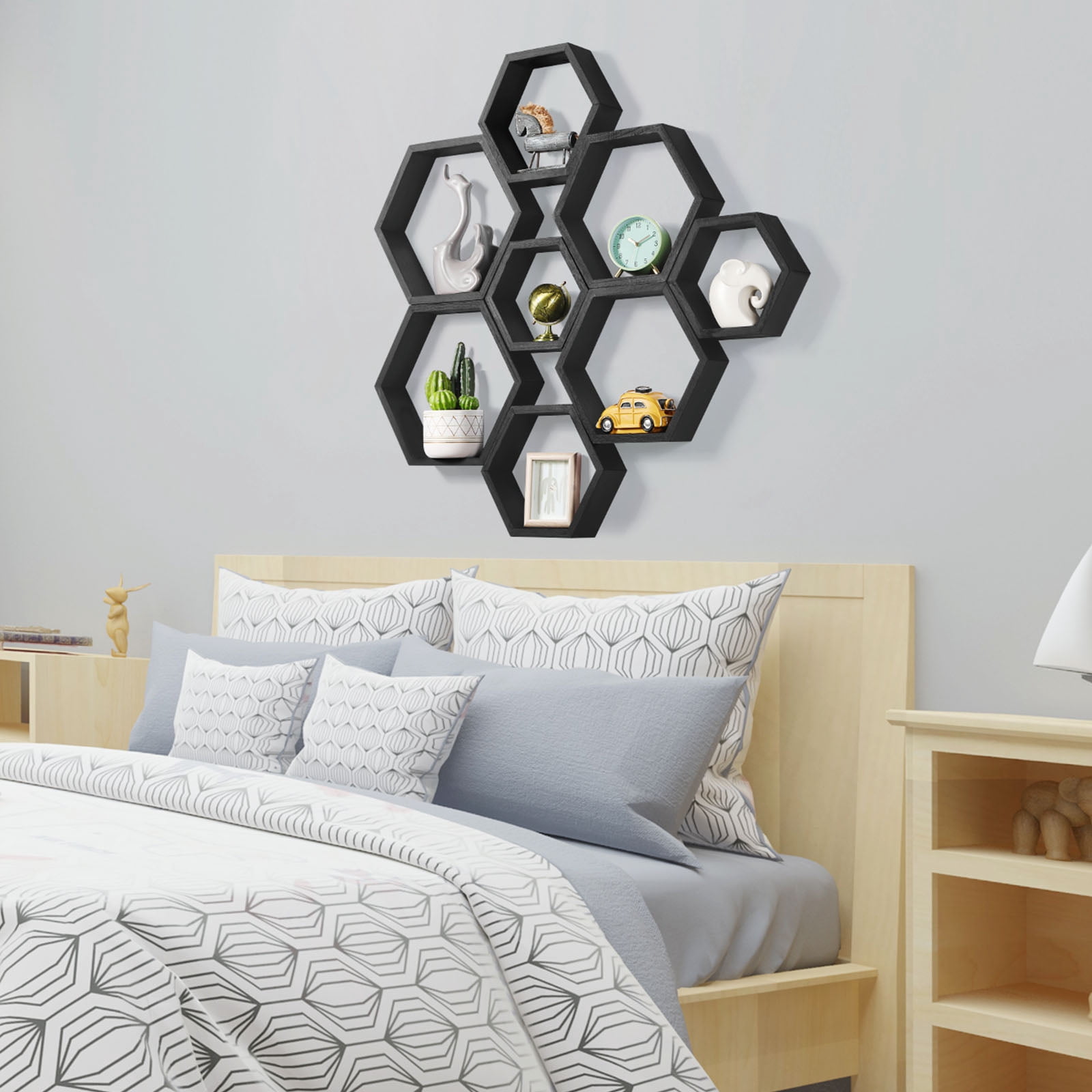 Hexagon Floating Shelves Set of 8 Honeycomb Shelves for Wall, Black