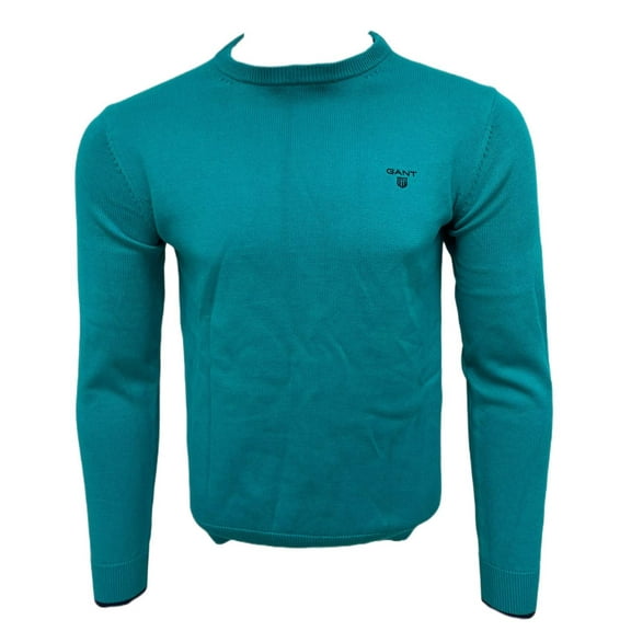 GANT Men's Cotton Contrast Hem Crew Neck Sweater, Emerald Green, M