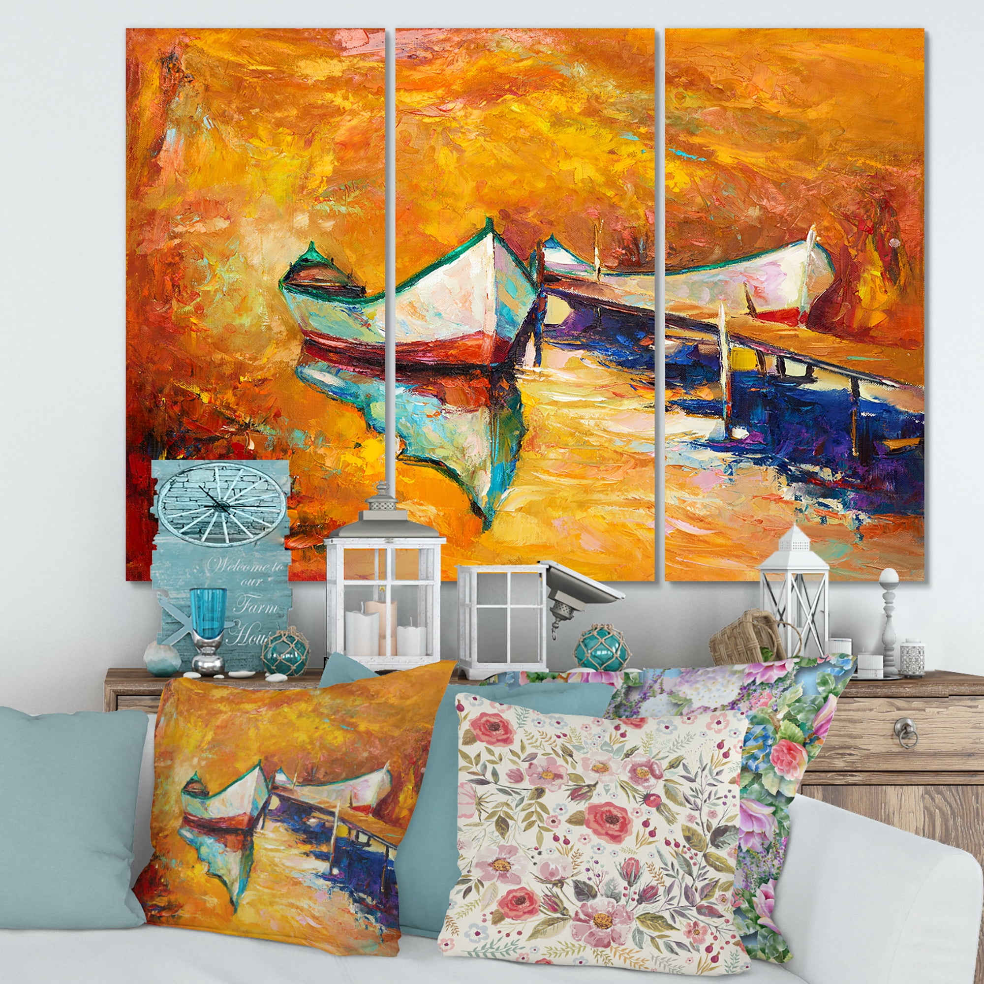 Designart ' Little Boat During Warm and Orange Evening ' Nautical & Coastal Canvas Wall Art Print