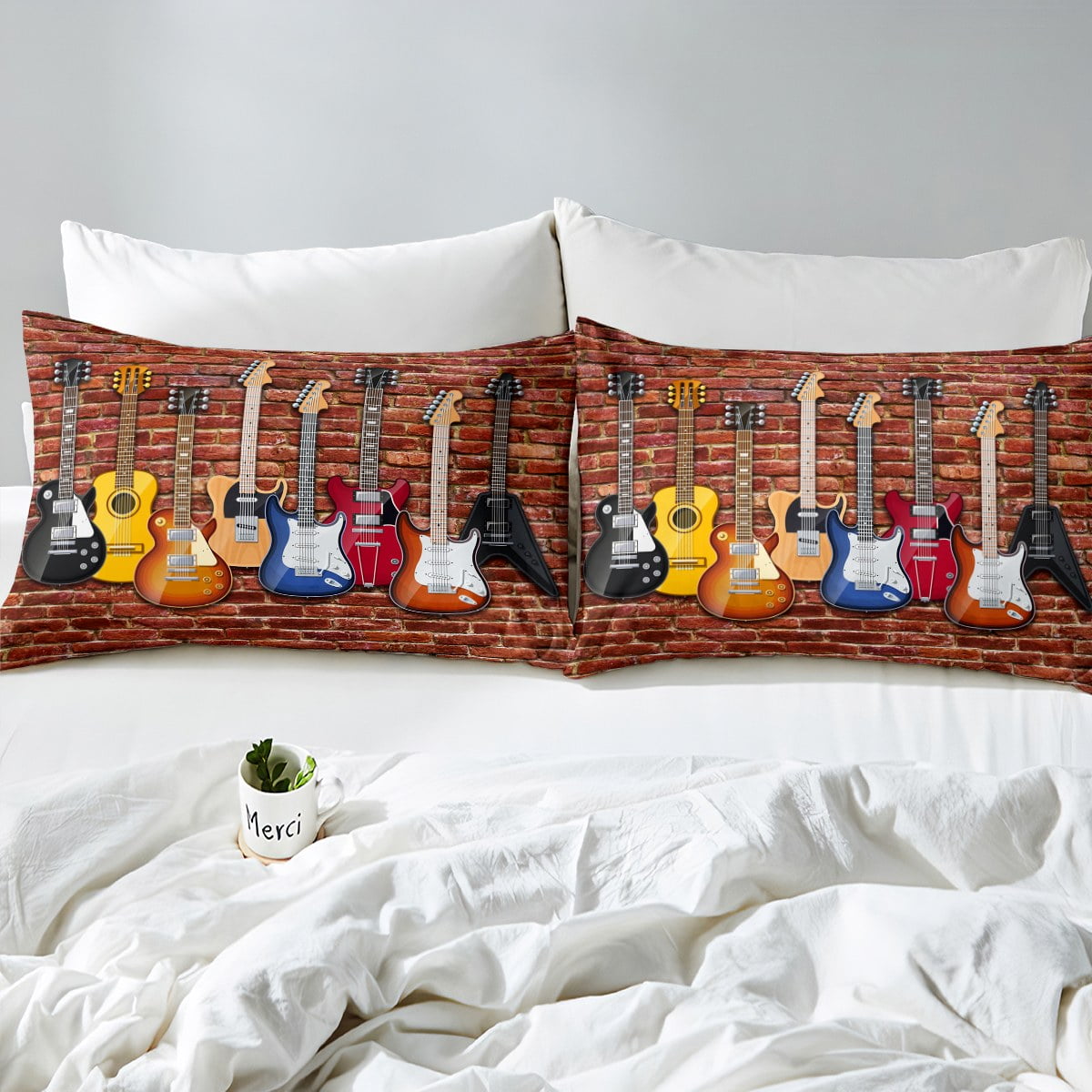 YST 3D Guitar Sheets Music Themed Bed Sheets Boys Girls Teens Rock Music Decor Queen Sheet Set Electric Guitar Fitted Sheet Vintage Wall Brick Flat