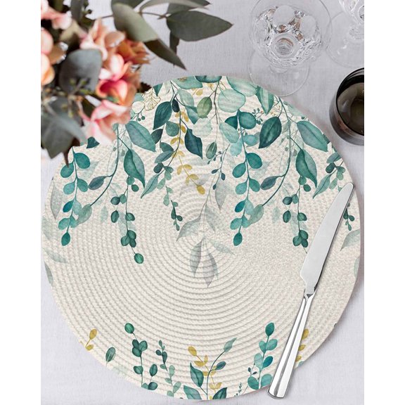 15 Inch Round Placemats Set of 4, Teal Green Eucalyptus Non Slip Heat Insulation PP Table Mats, Farmhouse Weeping Leaves Linen Washable Place Mats for Kitchen Dining Party Table Decor