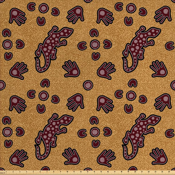 Aboriginal Fabric by The Yard, Folkloric Pattern Reptile and Hand on