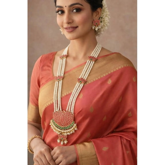 Indian Women's Gold Plated Crystal Pearl Long Necklace Set for Women Lotus Jewelry with Earrings Jewellery For Women Wedding Wear Gift