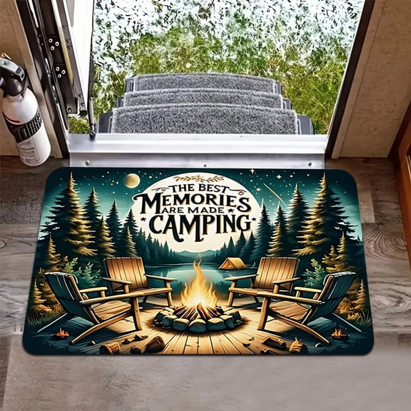 A versatile camping mat with a camping pattern—ideal for camping enthusiasts. It can be used as a RV doormat, or as a decorative rug in the bathroom, bedroom, kitchen, and outdoor entrance.