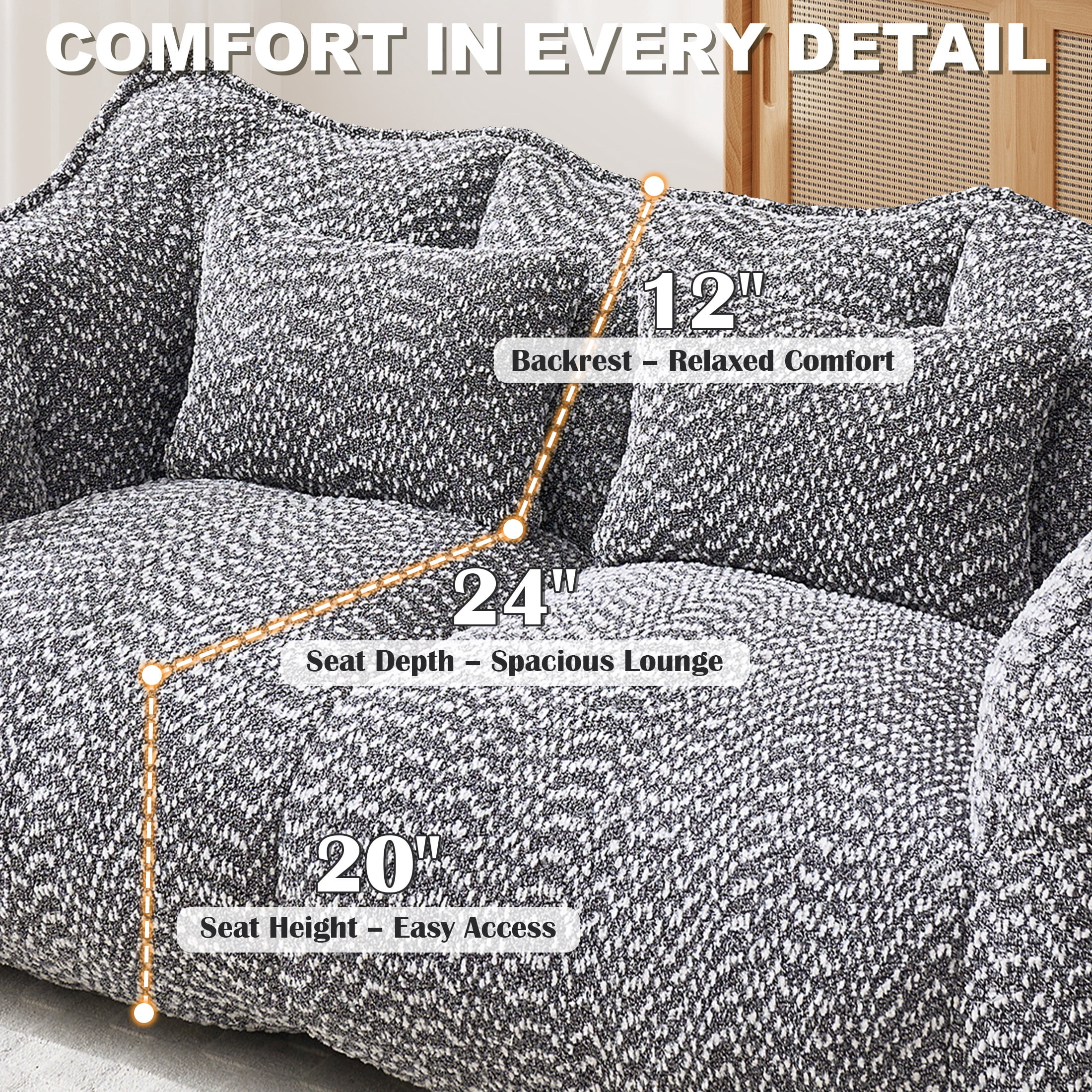 Aukfa Cloud Comfy Sofa, 24.4" Deep Seat Loveseat Couch for Living Room, No Assemble,Chenille,Gray