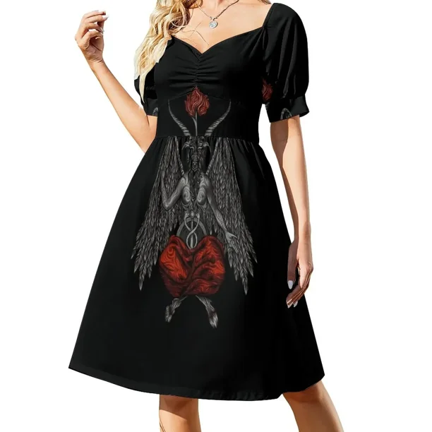 Vestido de manga corta con símbolo satánico de Baphomet. Vestidos para ocasiones especiales, atuendos para festivales.
