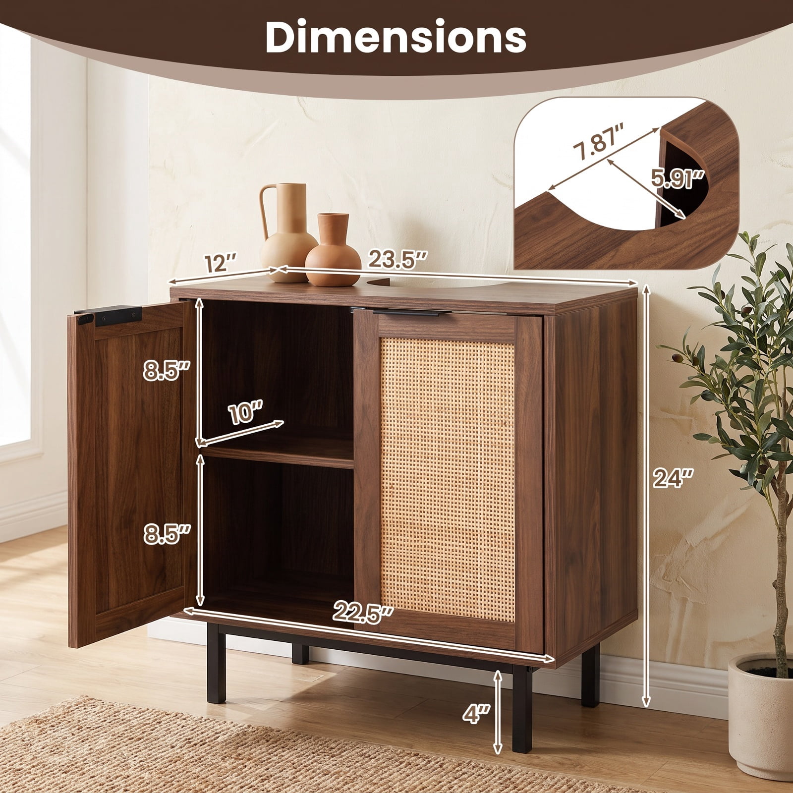 Vebreda Freestanding Bathroom Storage Cabinet, Bathroom Vanity Cabinet with U-Shaped Cut-Out 2 Rattan Doors and Shelf, Hidden Sink Organizer