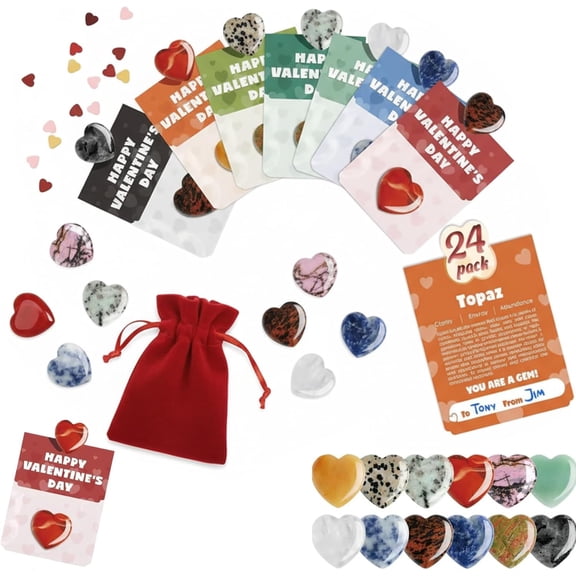 24 Pack Prefilled Valentine's Day Cards with Heart-Shaped Gemstones - Unique for Classroom & Party Exchanges(1pcs,X)