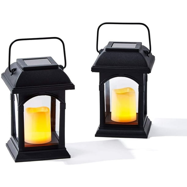 Small Outdoor Solar Lanterns 6 Inch Black Lantern with Solar Powered LED Candle, Waterproof