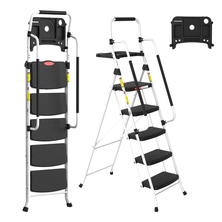 LevLad 5 Step Ladder with Tool Tray, 330 lb Capacity, White photo 1