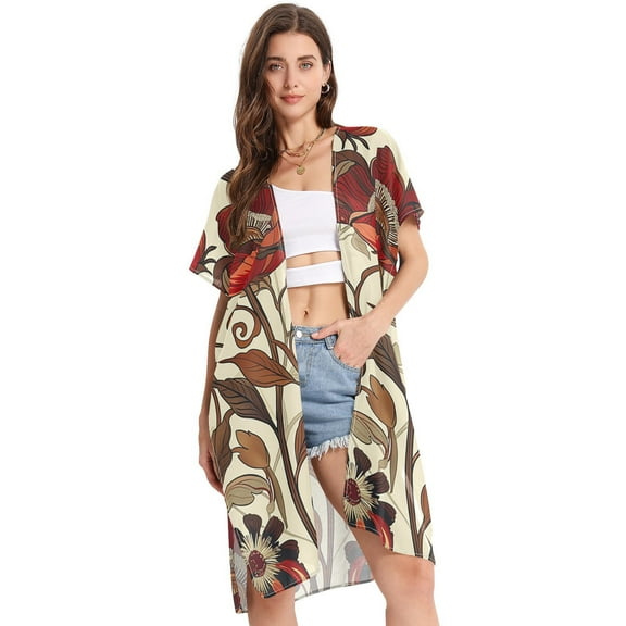 Red Flowers and Leaves Women Swimsuit Cover up V Neck Beach Dress Short Sleeve Vacation Outfits Swimwear