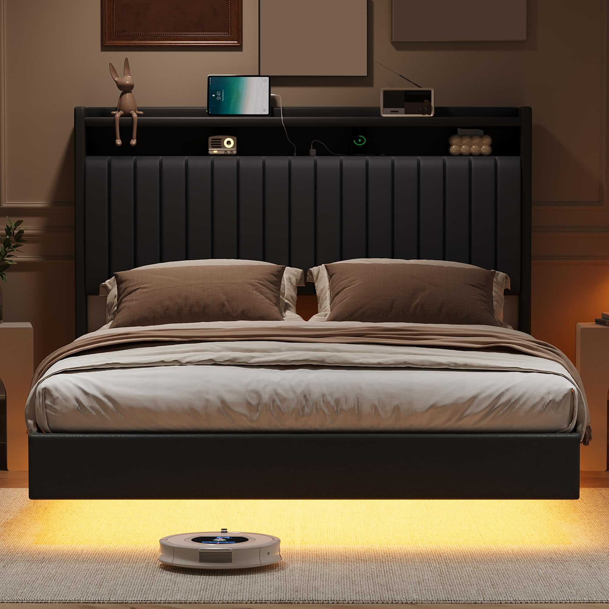 Towallmark Queen Size Floating Bed Frame with LED Lights & Charging Station,Upholstered Leather Platform Bed Frame with Headboard,50" Tall Floating Bed with Stable Structure,Black