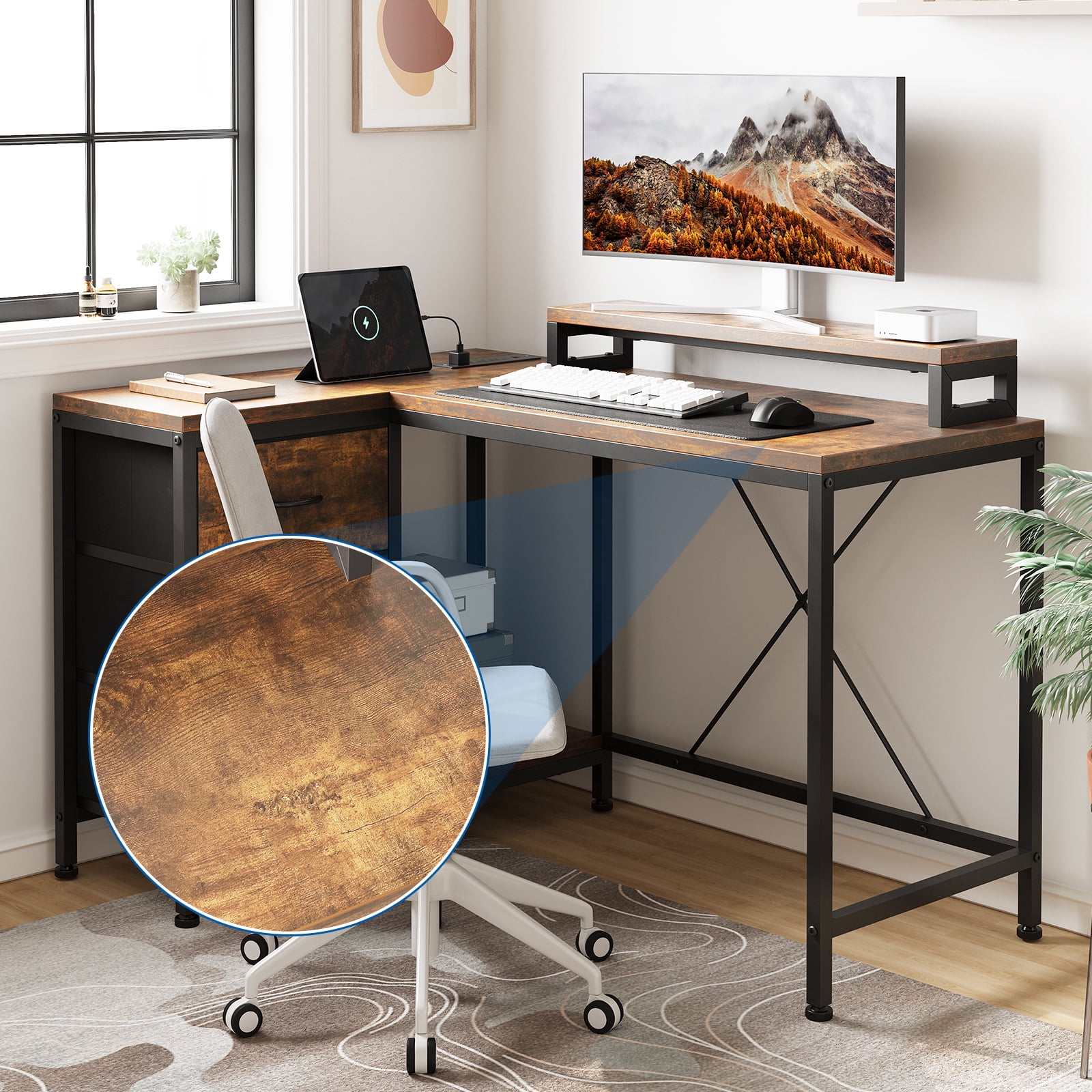 43 Inch Computer Desk With Drawers, L Shaped Desk with Power Outlets and Led Lights, Gaming Desk with Shelves and Monitor Stand