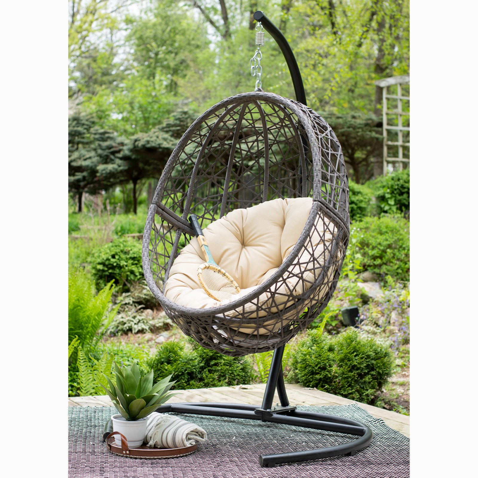 Belham Living Resin Wicker Hanging Egg Chair with Cushion and Stand - image 3 of 11