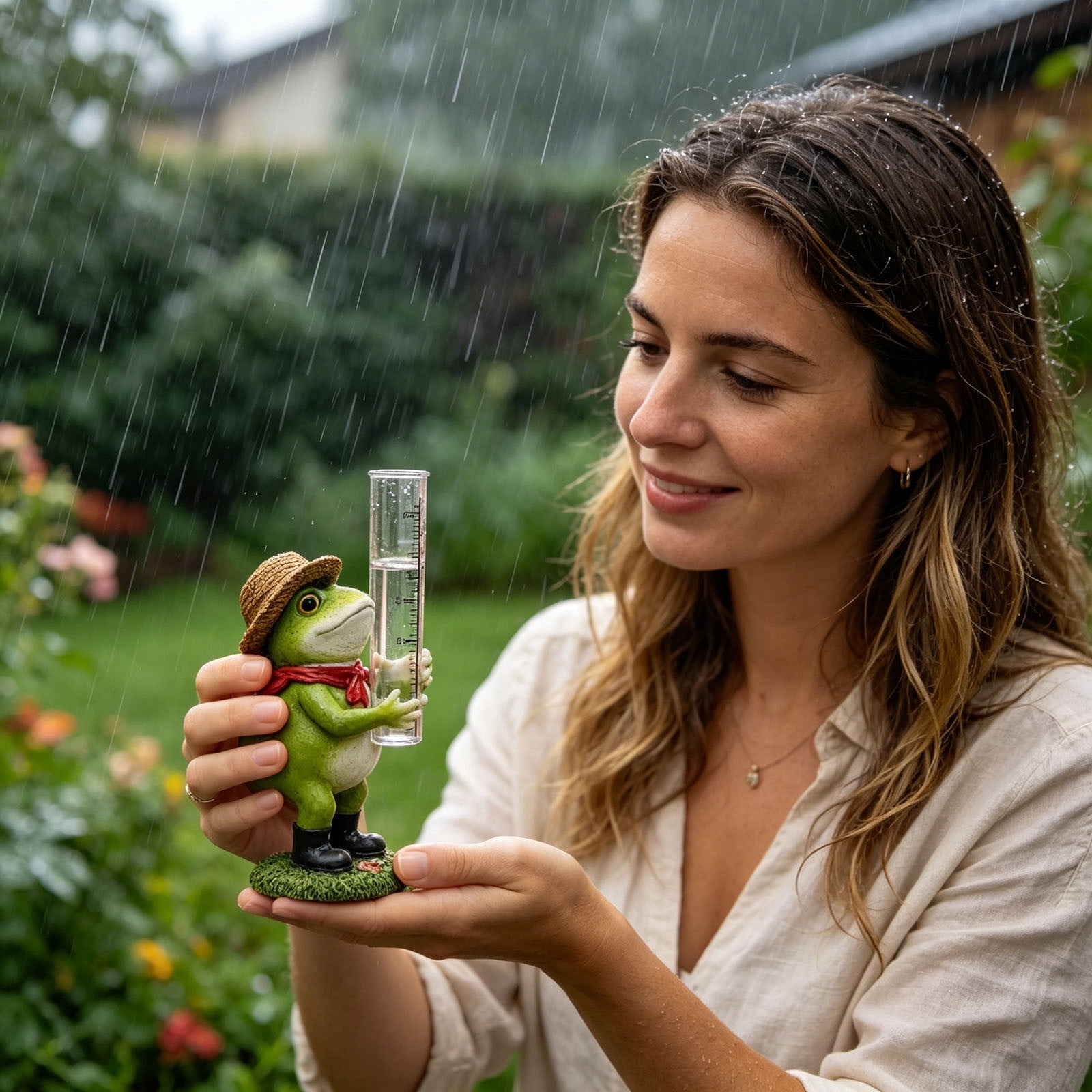 Frog Rain Gauge Garden Statue 7.1 Inch Resin Rain Gauge with 5" Transparent Tube Weatherproof Outdoor Yard Ornament for Patio Lawn Garden