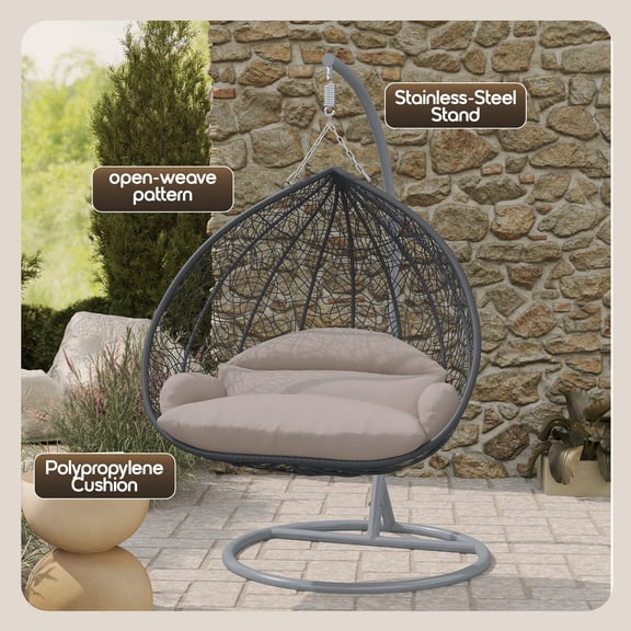 LeisureMod Hanging Swing Chair Two-Person Seater Egg Chair Grey Frame in Teardrop Design with Armrest Removable Zippered Washable Polyester Cushion Cover for Indoor and Patio Recluse Collection