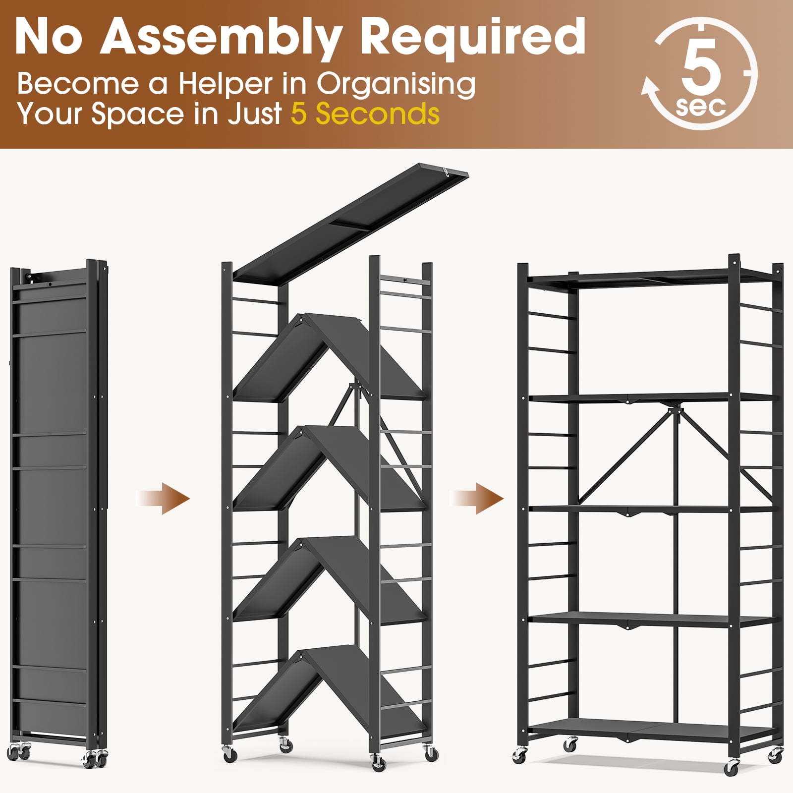 Fenbeli Storage Shelves,5-Tier Foldable Metal Wire Storage Shelf with Wheels, Heavy Duty Organizer Rack for Garage, Kitchen, Closet, Black