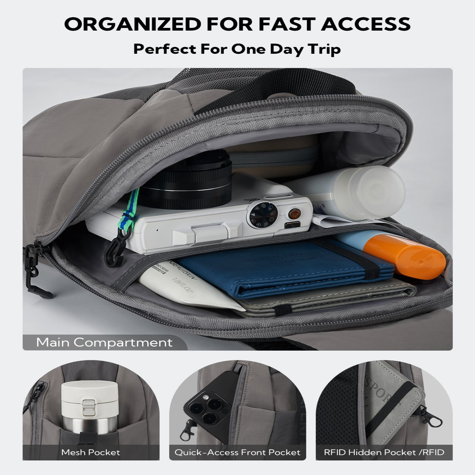 WATERFLY Unisex RFID Blocking Anti Theft Travel Sling Cross-Body Shoulder Chest Bag,Gray