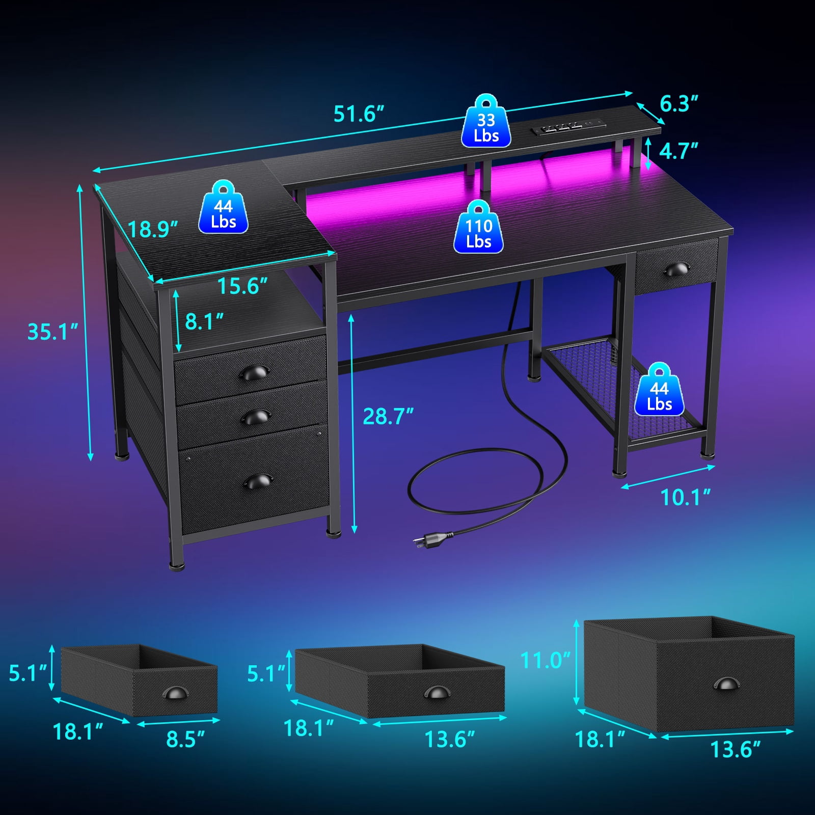 Satifur 51 Inch Black Computer Desk with Ergonomic Monitor Platform, Home Office Gaming Desk with CPU Grid Storage Rack, RGB LED Lights & Power Outlet