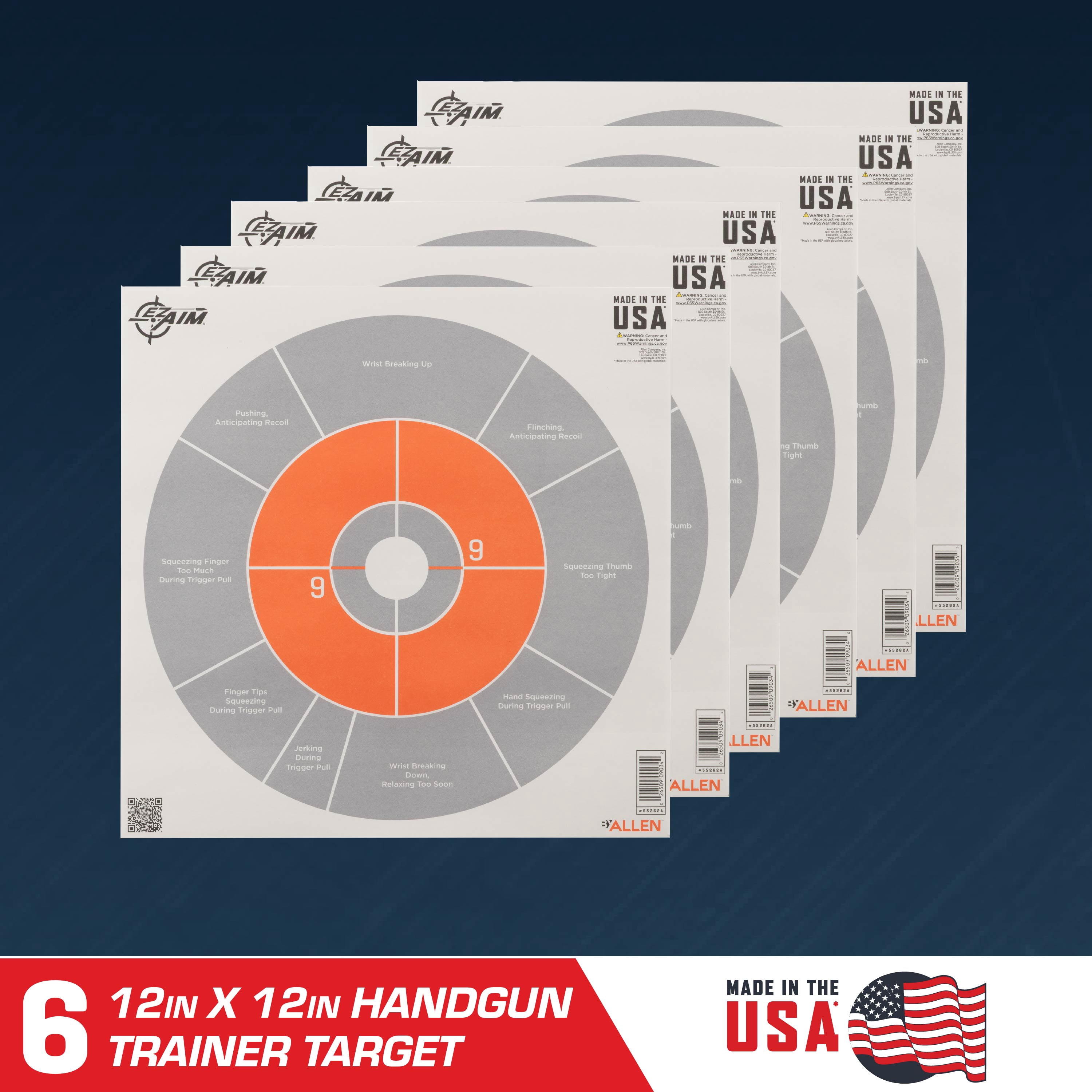 EZ Aim Handgun Trainer Paper Targets, 12 x 12 Inch, 6 Pack