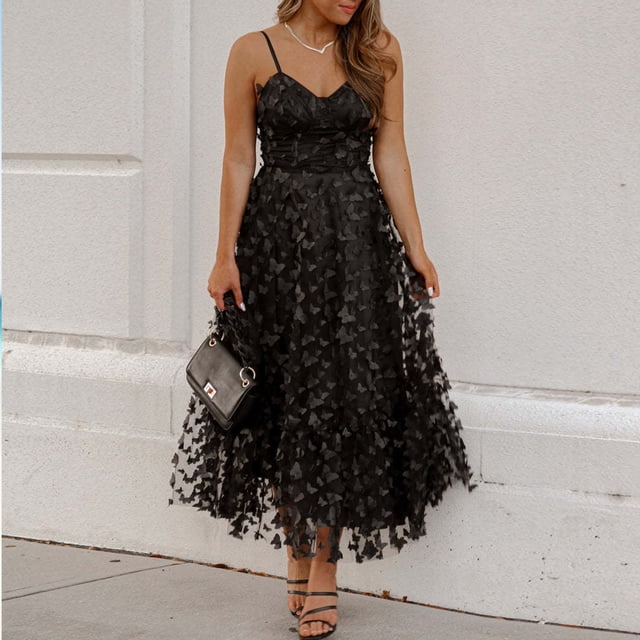 Vestido De Tirantes Finos Vestido de cóctel para mujer Vestido sin espalda con tirantes casuales Vestido de una línea (Negro M) Kuymtek para Mujer Negro T L