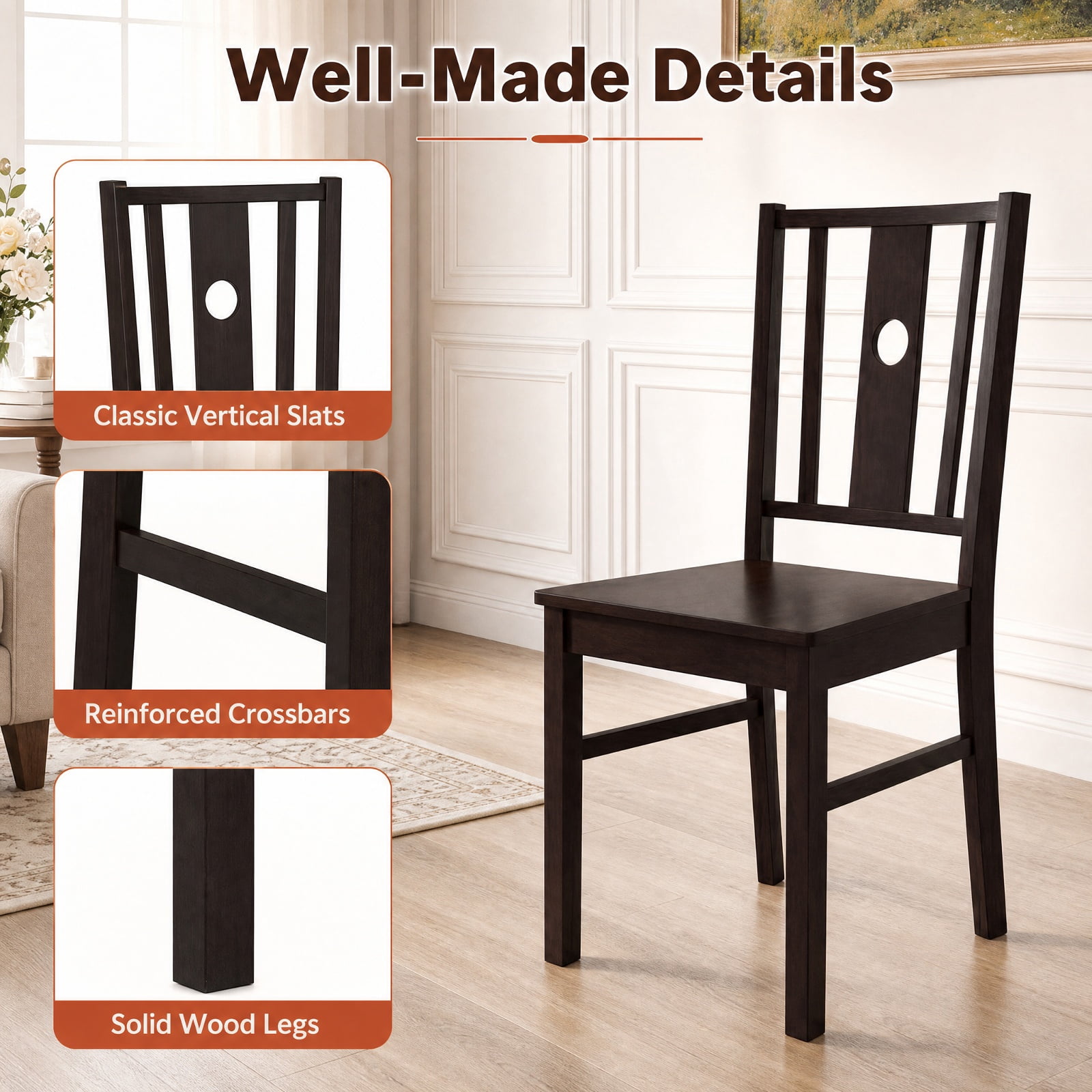 Furnibear Set of 2 Solid Rubber Wood Kitchen Chairs with Slatted Curved Backrest and Wide Seat for Dining Room and Kitchen, Coffee