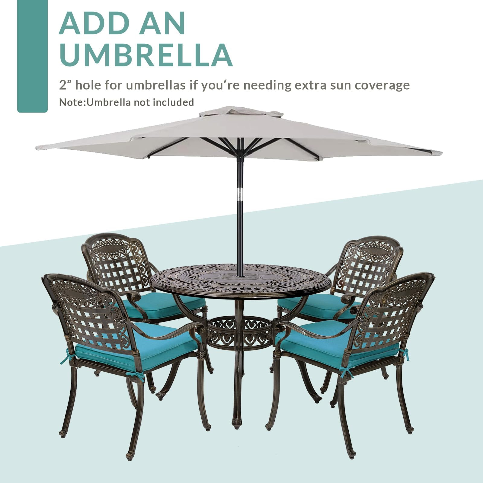 MEETWARM 5 Piece Patio Dining Set, Outdoor All-Weather Cast Aluminum Dining Table Set, Patio Furniture Set for Backyard Garden Deck, Include 4 Chairs, 4 Cushions and 1 Round Table, Ocean Blue