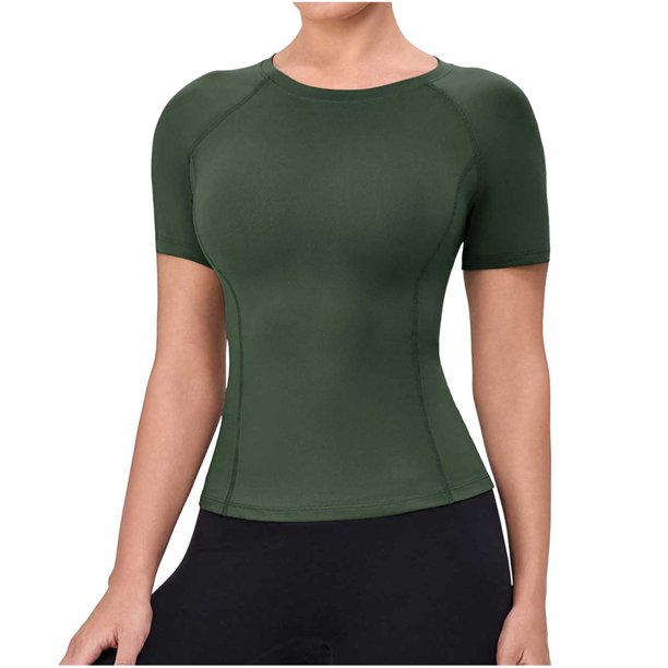Camiseta de Manga Corta de Yoga para Mujeres Color Sólido Moda Casual Respirable Apretado Deportivo de Alta Elasticidad Camiseta de Carrera de Manga de Raglan Cuello Redondo Top de Manga Corta de Muj