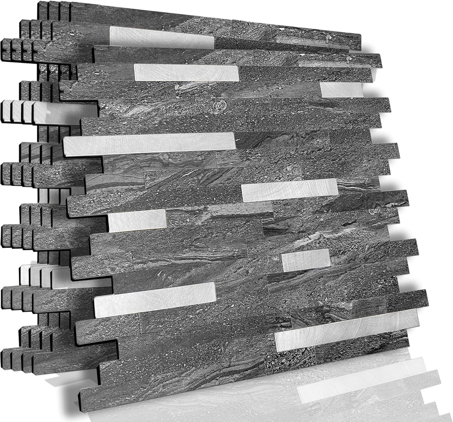 Peel and Stick Marble Backsplash Tile, 10 Sheets, Black Marble with  Embellished Stripes, Self-Adhesive Wall Tile for Kitchen, Bathroom, Fireplace, RV (11.4" x 10.6")