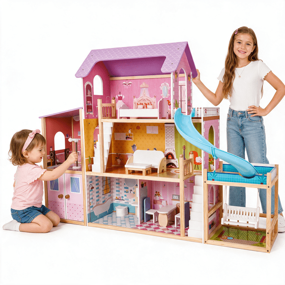 EDUBEBO Large Wooden Dollhouse for 12 Inch Dolls with Pool and Garage, 3 Story Huge Doll House for Girls Toy Playhouse with Music Room and Swing, Pretend Play House Playset, Ages 3