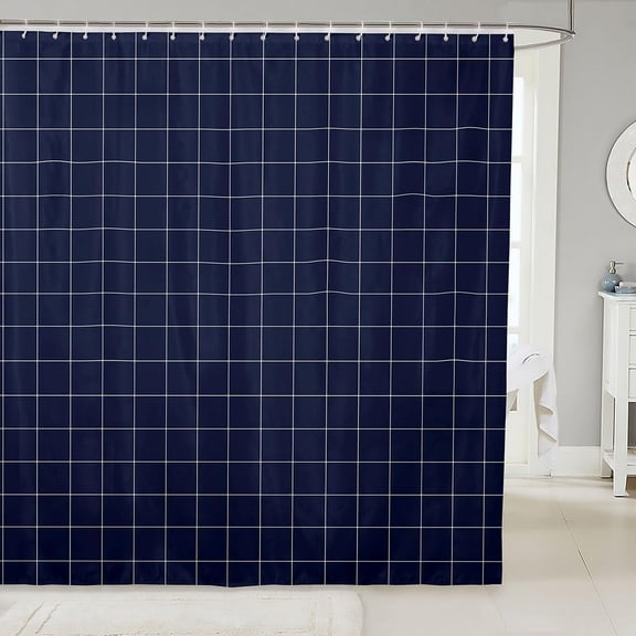 Navy Blue Grid Shower Curtain for Bathroom Waterproof Fabric Shower Curtains with 12 Hooks 71x71 inches