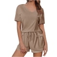 thumbnail image 2 of Hrsba Solid Color V Neck Short Sleeve Tops with Drawstring Waist Shorts 2 Piece Set for Women Summer Casual Daily Outfits, 2 of 5