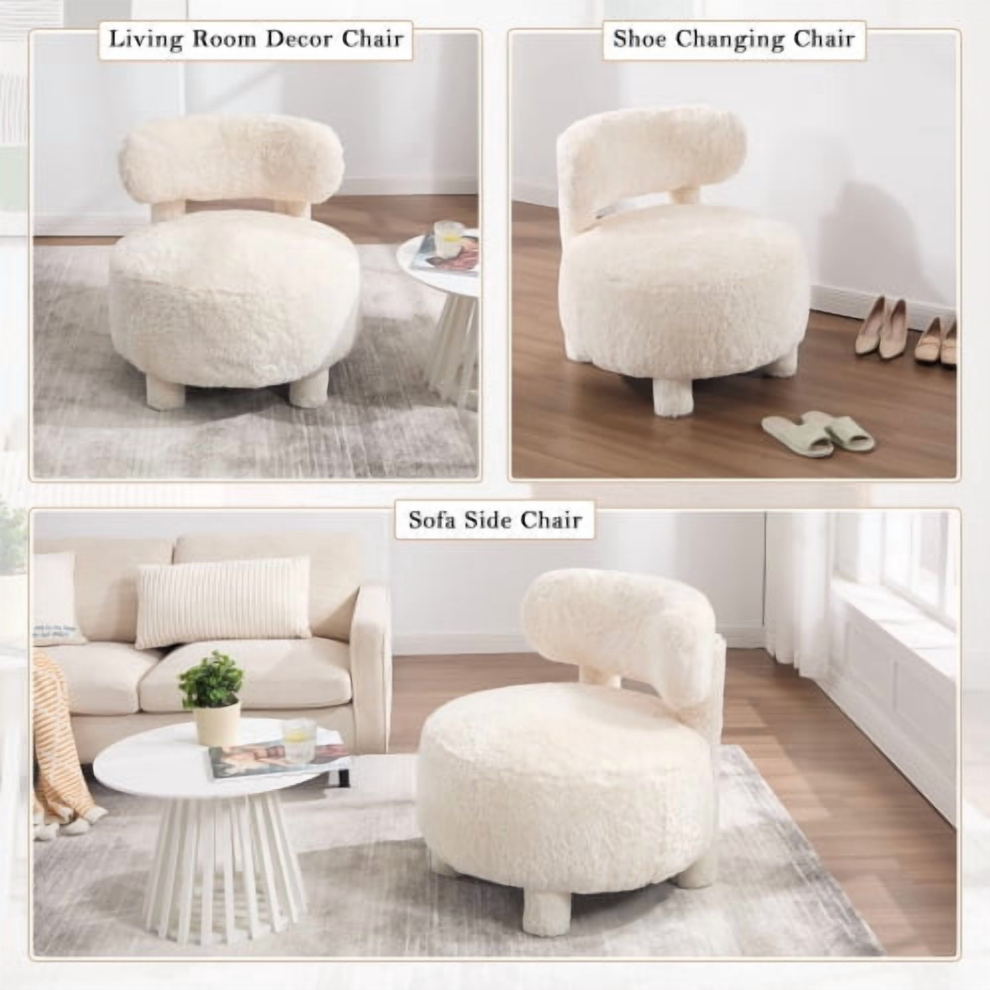 MOONMISS Accent Chair With Curved Backrest And Solid Wood Legs Upholstered Chair Slipper Side Chair For Primary Living Space Bedroom Vanity Room Or Reading Room ,White-Fur