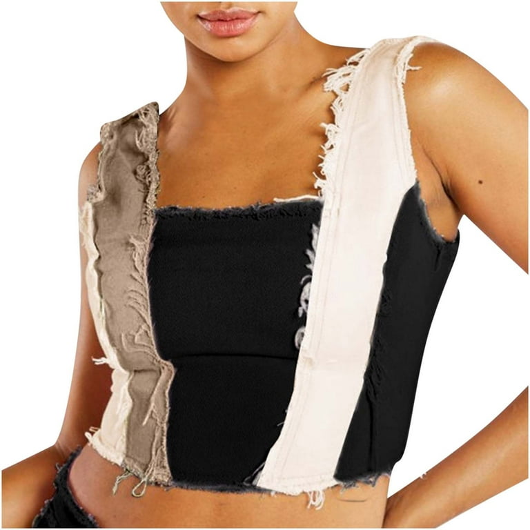 Women's Sleeveless Crop Tank Tops Square Neck Block Patchwork Cami Shirts Slim Fitted Basic Crop - Walmart.com