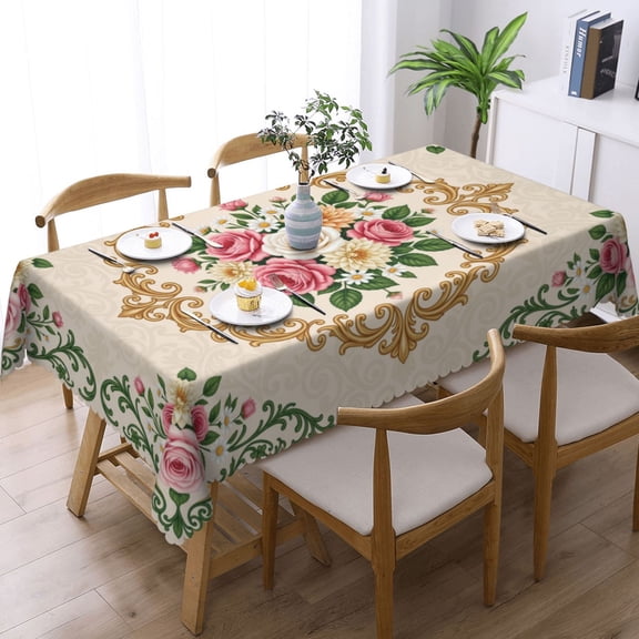 Vintage Floral Rose Pattern With Rectangle Tablecloth Waterproof Table Cloth Stain and Wrinkle Resistant Washable, Decorative Fabric Table Cover for Dining, Party and Camping