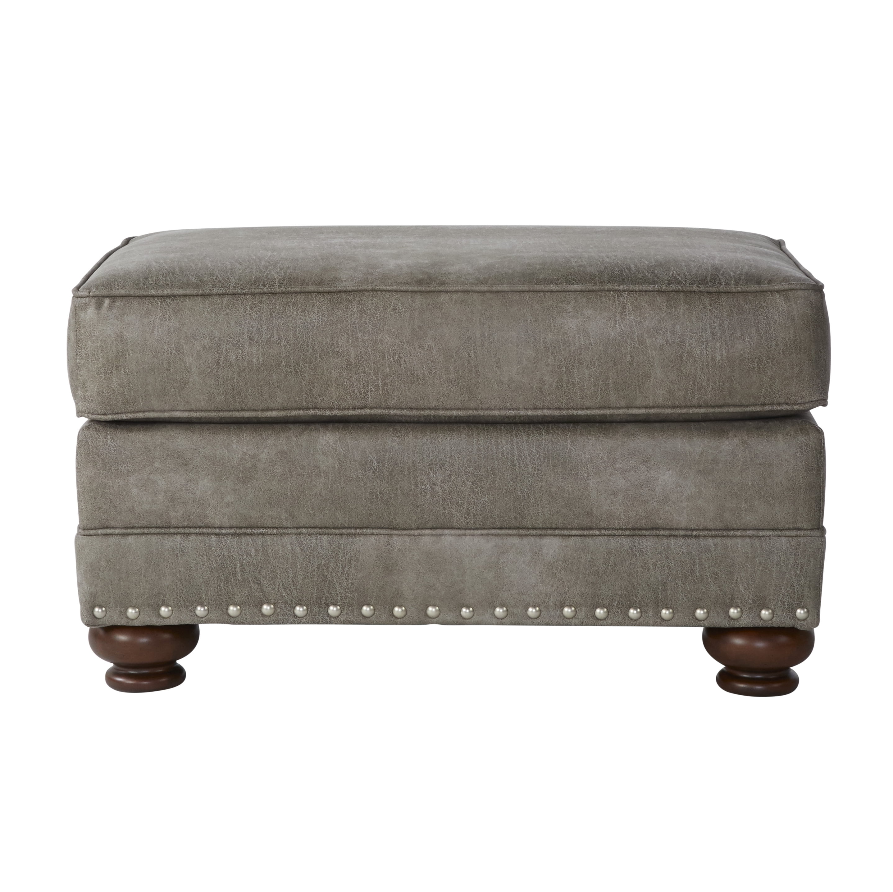 Roundhill Leinster Faux Leather Upholstered Nailhead Ottoman in Stone Gray