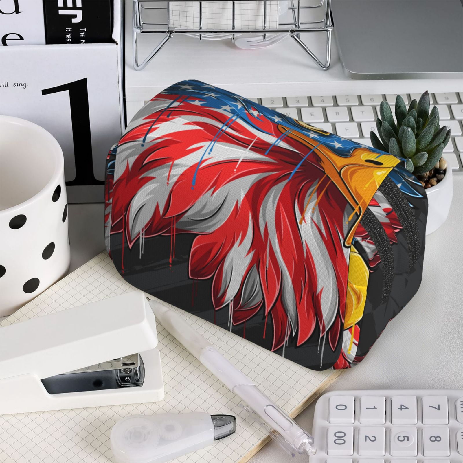 Rateoe Eagle Head With American Flag Pattern Double Clamshell Pen Case, Storage Organizer with Two Zipper Compartments– Holds Up to 50 Pencils & Pens