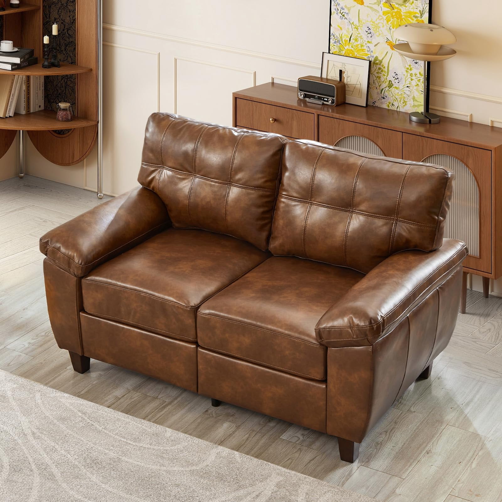 Aukfa 2-Piece PU Leather Sofa Set, Vintage 3-Seater Couch and Loveseat with Storage Space, Upholstered Living Room Furniture Set, Brown