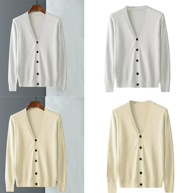 Mens Cable Knit Cardigan Sweater V-neck Loose Fit Long Sleeve