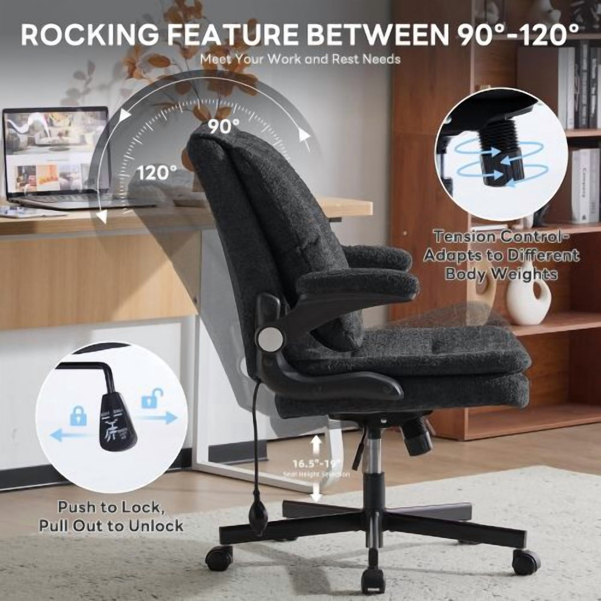 Criss Cross Legged Office Chair with Flip-Up Back, Built-In Dynamic Airbag Lumbar Support, Wide Seat Desk Chair with Flip-Up Arms, Modern Cross-Leg Chair for Home Office, Vanity, Black