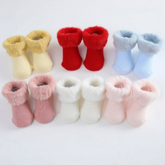 Baozhu 6 Pairs Baby Girls Non Slip Socks Toddler Warm Thick Soft Faux Mink Socks with Grips for 0-3Years Infant Newborn Girls