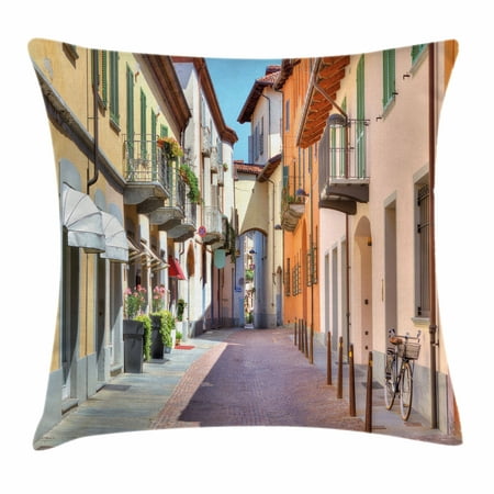 City Throw Pillow Cushion Cover, Town of Alba Piedmont Northern Italy Narrow Stone Paved Street Among Colorful Houses, Decorative Square Accent Pillow Case, 18 X 18 Inches, Multicolor, by