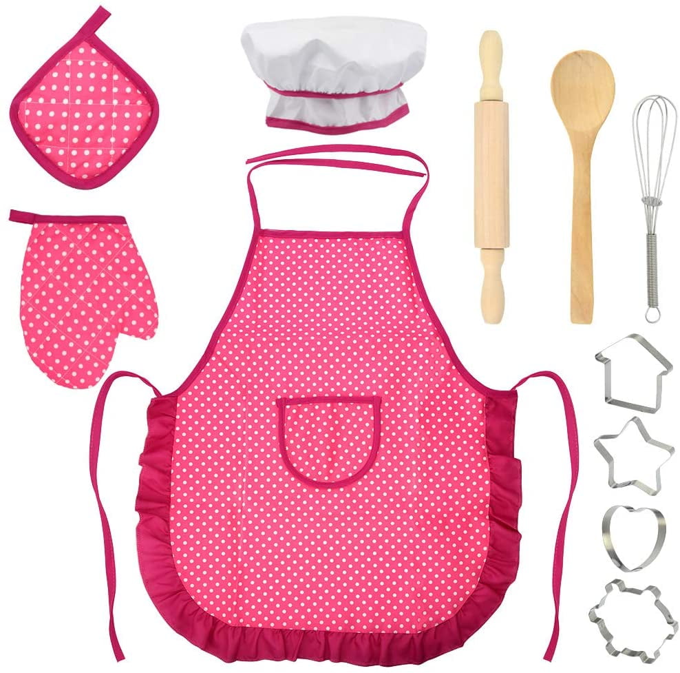 11pcs Kids Basic Cooking and Baking Set, Kids Chef Role Play for Little Boys and Girls Includes Apron, Chef Hat, Cookie Cutter,Oven Mitt,Rolling Pin,Wooden Spoon,Hand Mixer (Pink)