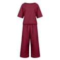 thumbnail image 4 of Women Cotton Suit Fashion Comfortable Short Sleeve And Long Pants Solid Color Women'S Pants Casual, 4 of 6