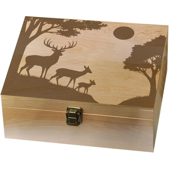 1 Pc Wooden Memory Keepsake Box A Family of Three Deer in The Forest with The Sun Storage Decorative Memory Wooden Box with Hinge Lids for Photos DVDs Letters Holding 24.5x19.5x10.3cm