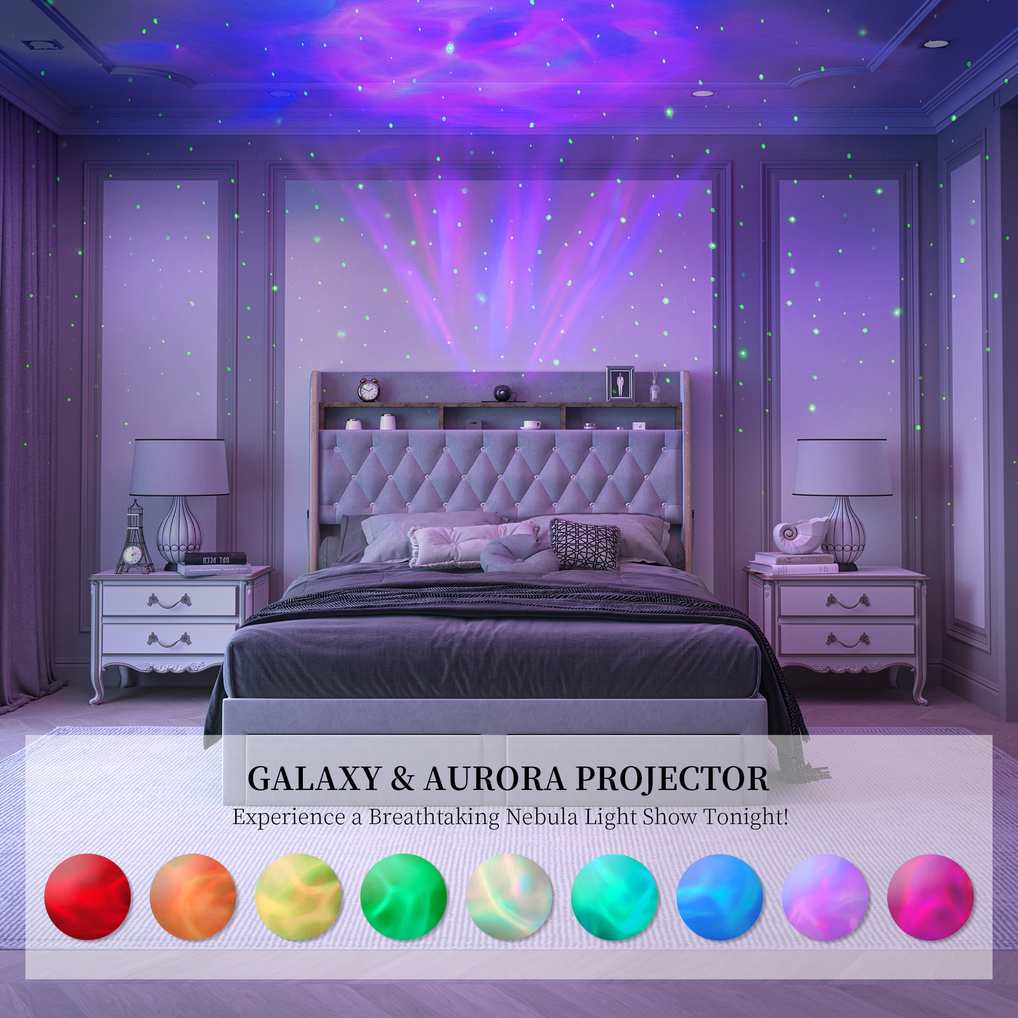 SIBEDS LED Bed Frame with 2 Storage Drawers and Galaxy Star Projector Velvet Upholstered Gray Tufted Wingback Headboard, Full